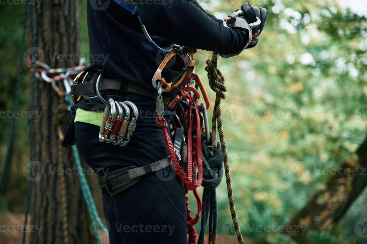 Close up particle, view. Man is doing climbing in the forest by use of safety equipment photo