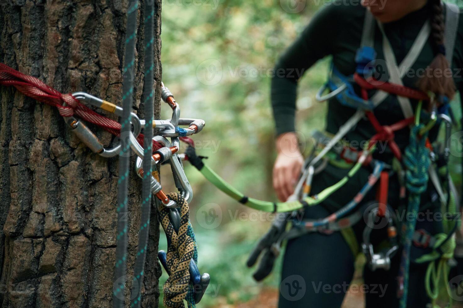 Close, up particle view. Man is doing climbing in the forest by use of safety equipment photo