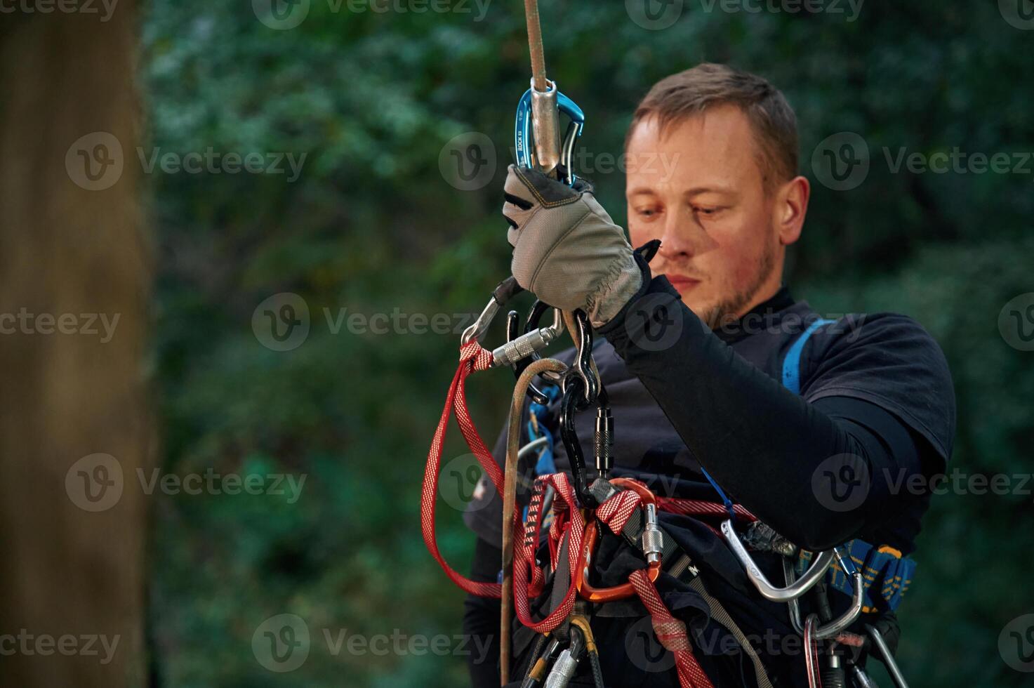 Man,, is doing climbing in the forest by use of safety equipment photo