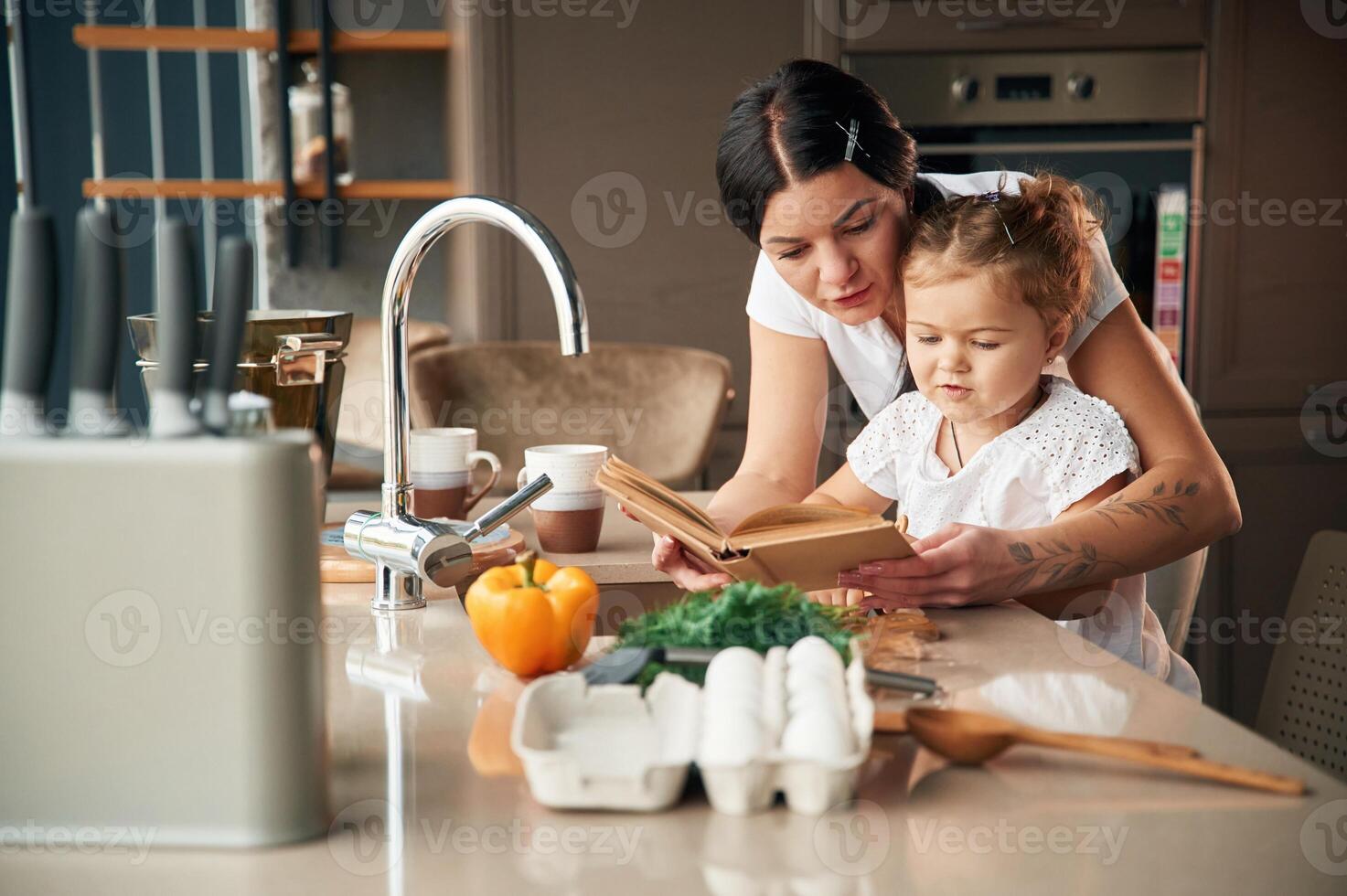 Reads, the recipe. Mother, with her daughter are preparing food on the kitchen photo
