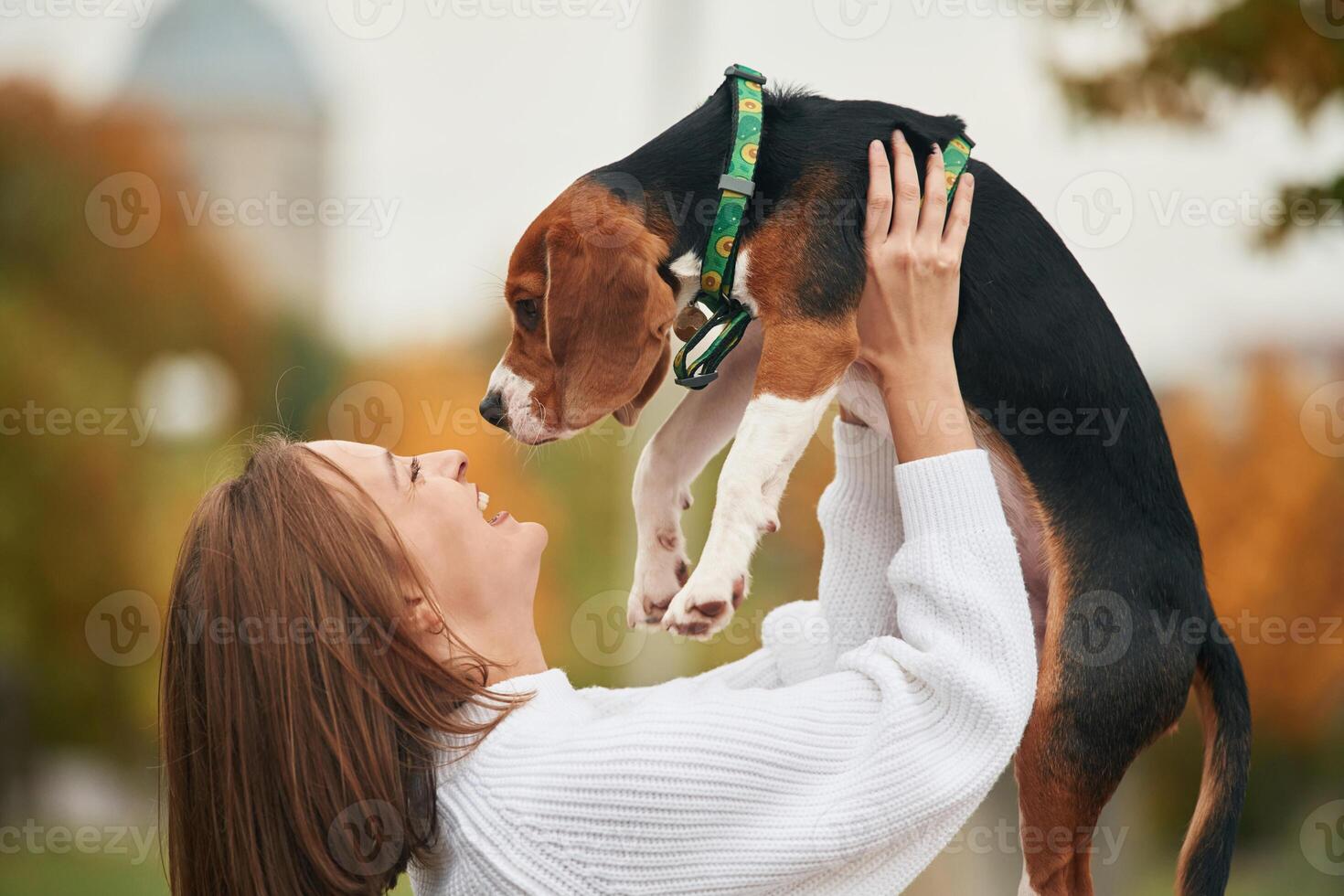Side view, playing with pet.. Young ,woman is with her dog in the park photo