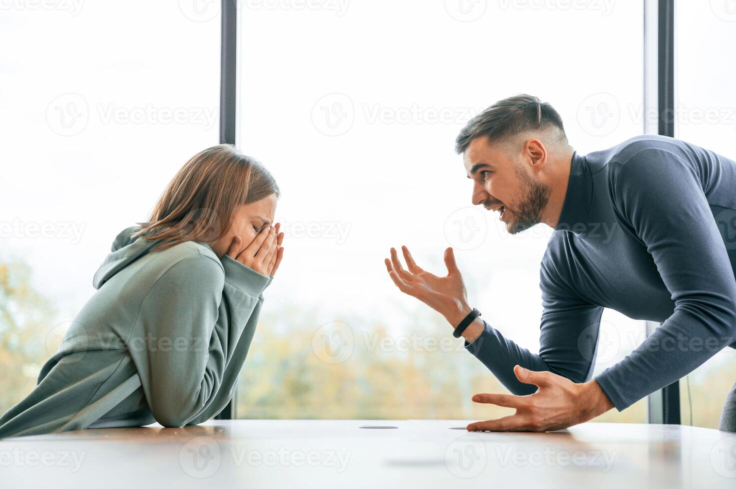 Side view,, near big window. Man is screaming at his girlfriend, conception of quarrel photo