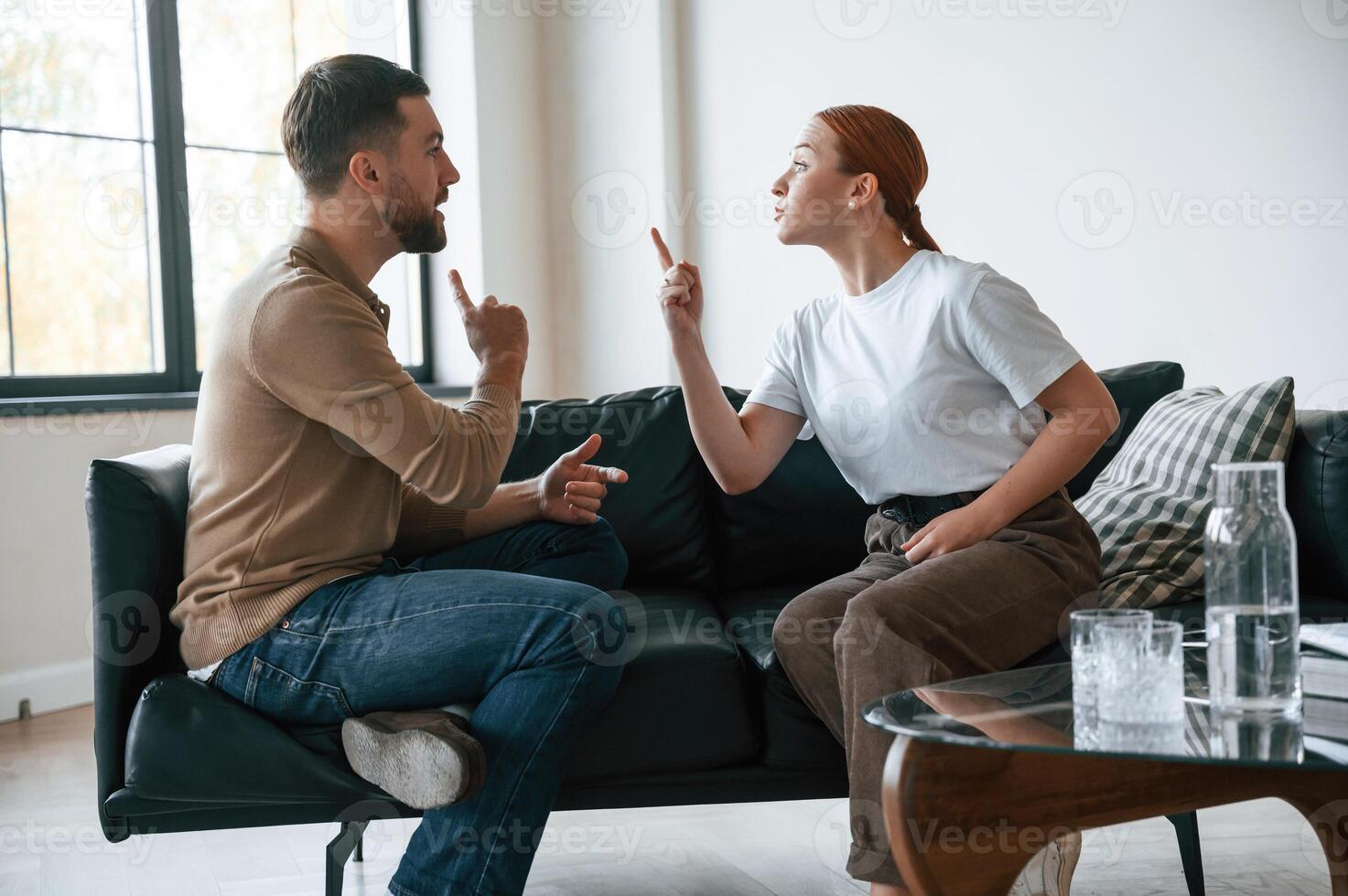 Side view of couple that are arguing. Sitting on sofa photo