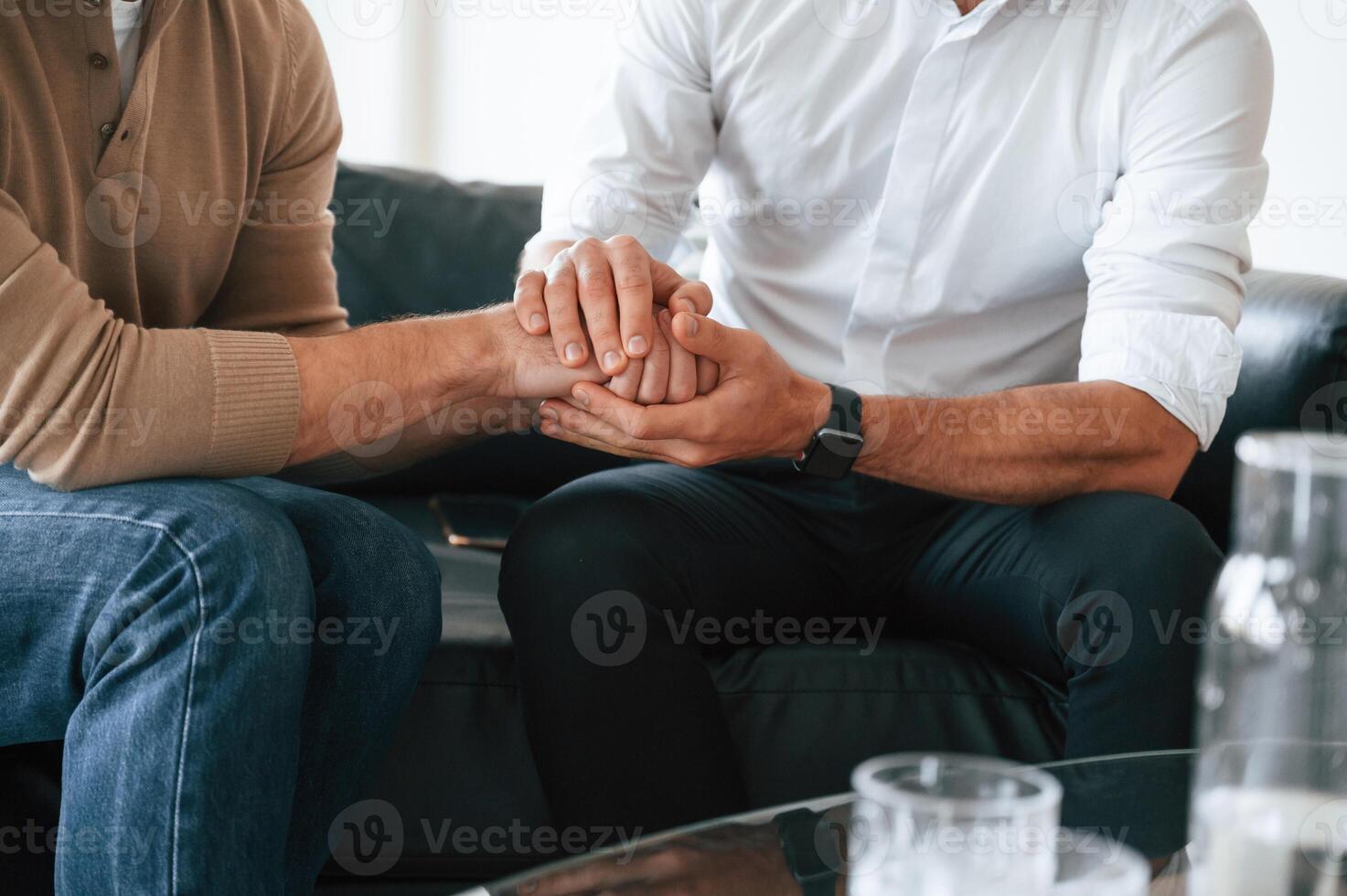 Close up view of gay couple that ,holding hands of each other, supporting photo