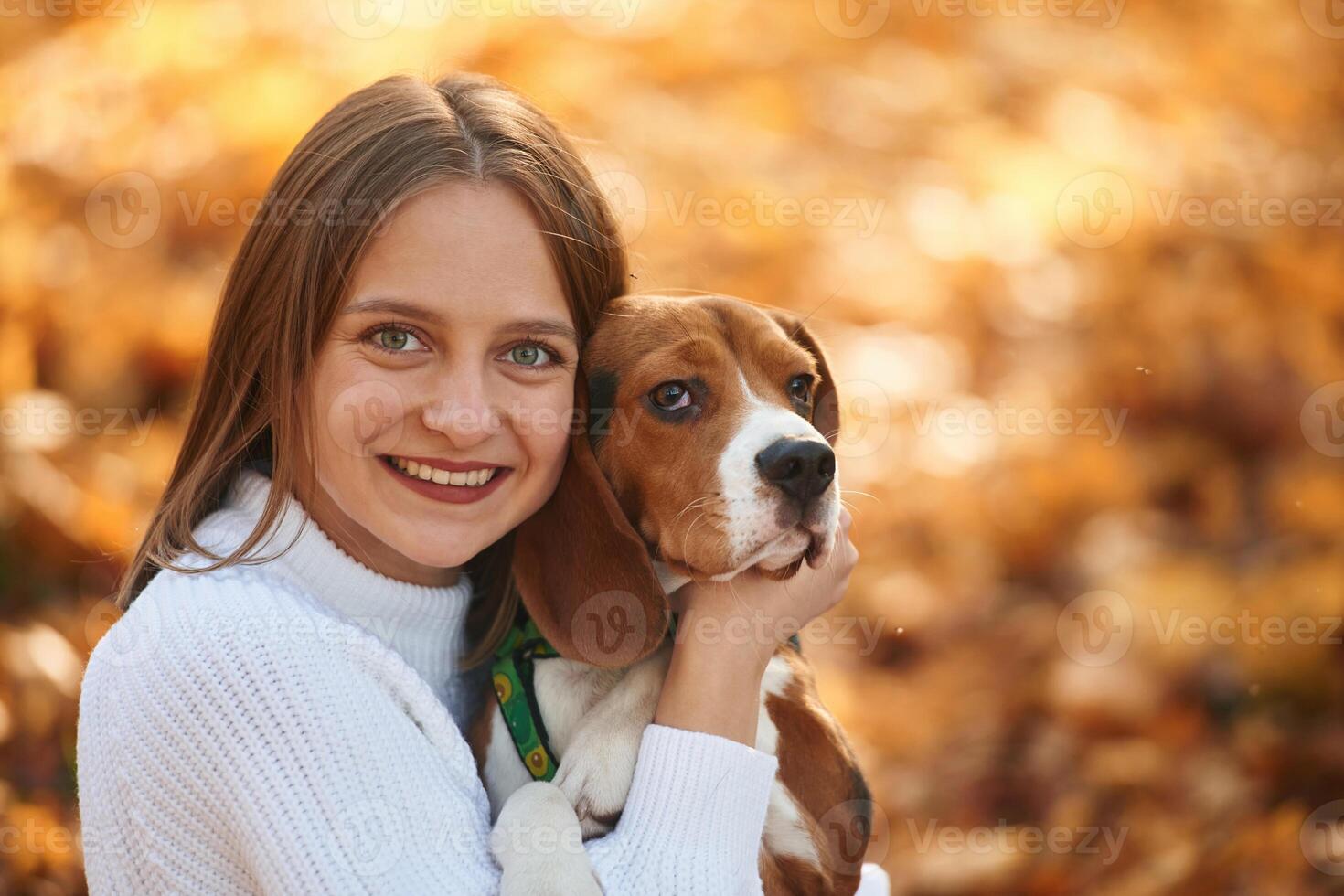 Close up portrait,, embracing animal. Woman is with her cute dog in the autumn forest photo