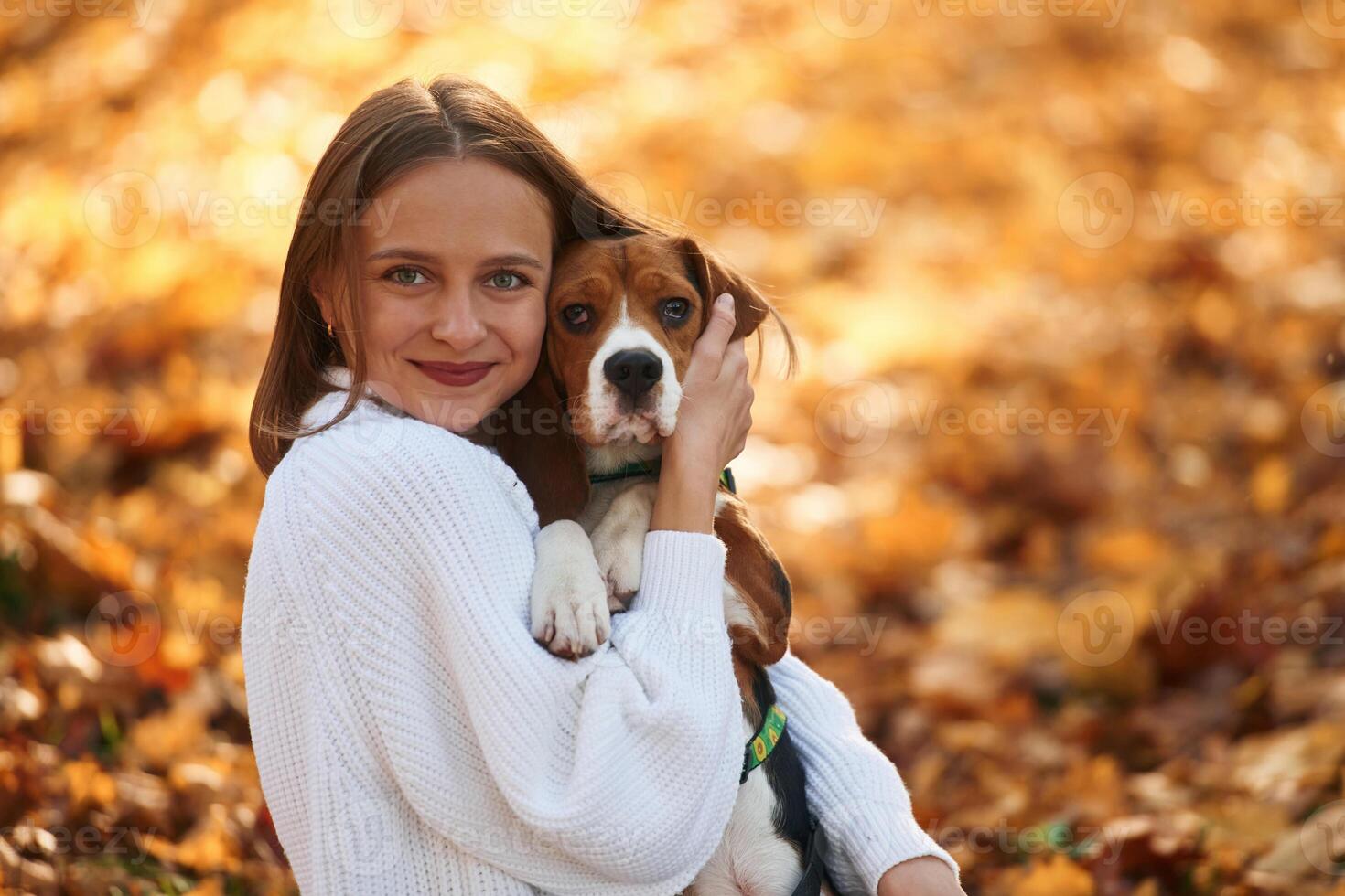 Close, up portrait, embracing animal. Woman is with her cute dog in the autumn forest photo