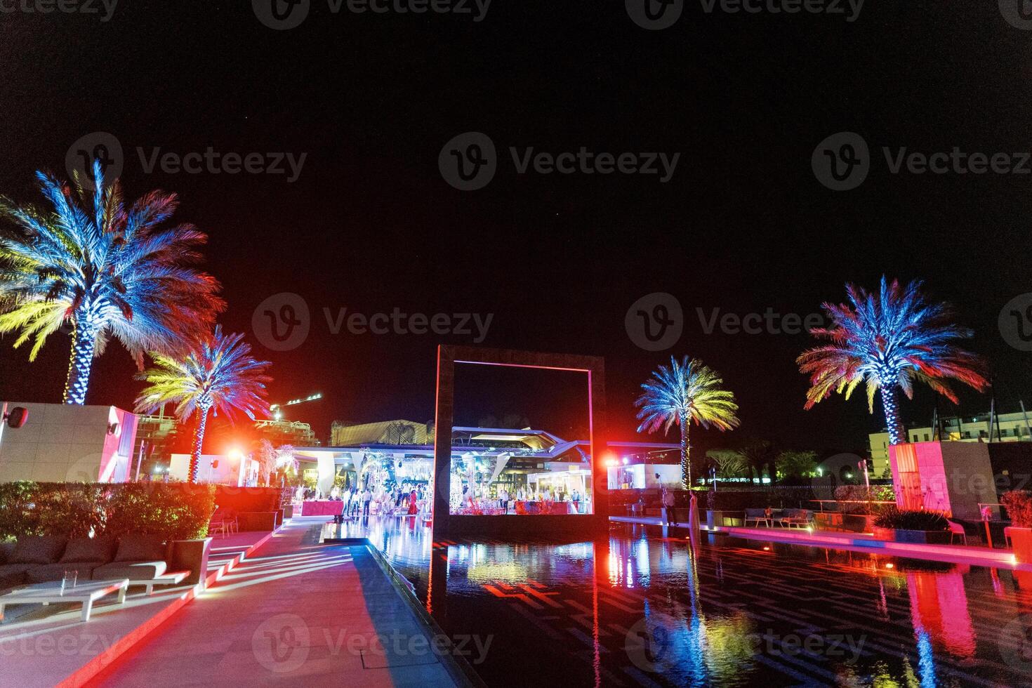 Colorful illumination of palm trees along the banks of the pool with a rectangular frame photo