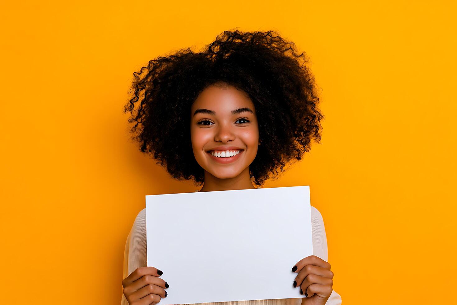 Woman Holding Blank Poster on Yellow Background photo