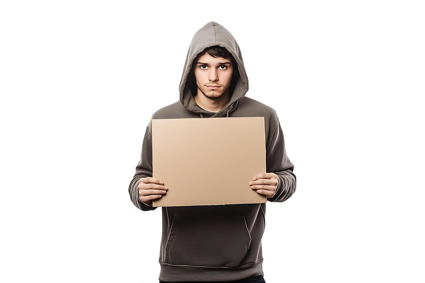 Young Man in Hoodie Holding Blank Cardboard Sign photo