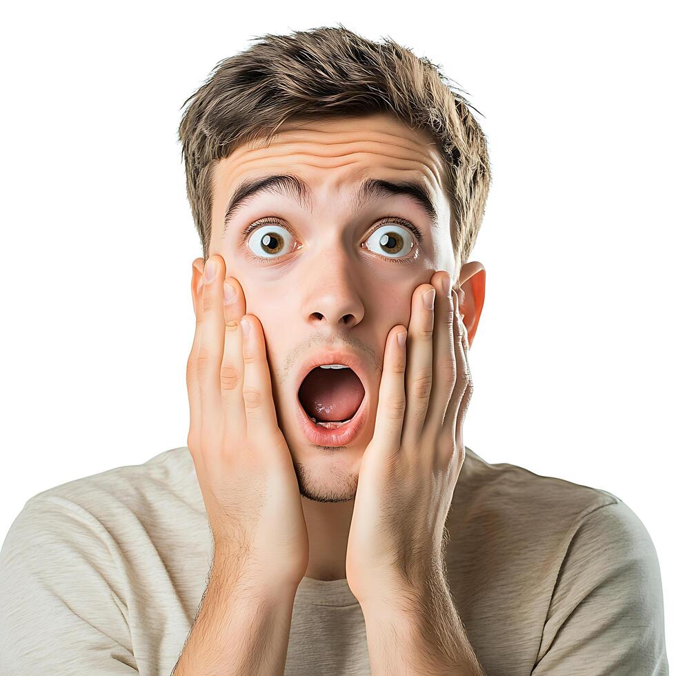 Shocked Young Man Expression Isolated on White Background photo