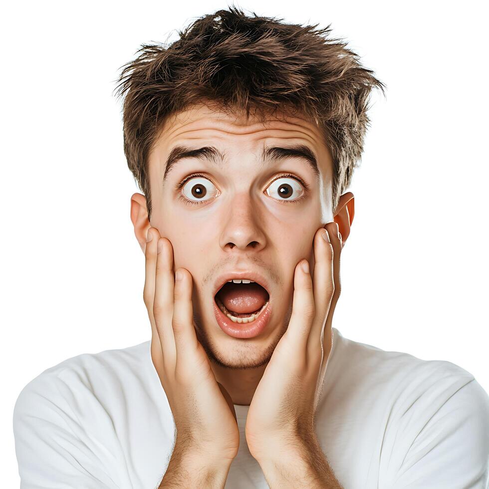 Young Man Shocked Expression Isolated on White photo