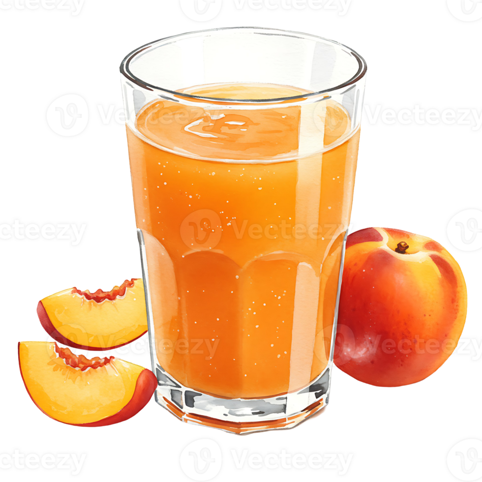 A Watercolor filled with peach juice beside a whole peach and two peach slices on a plain setting on transparent background png