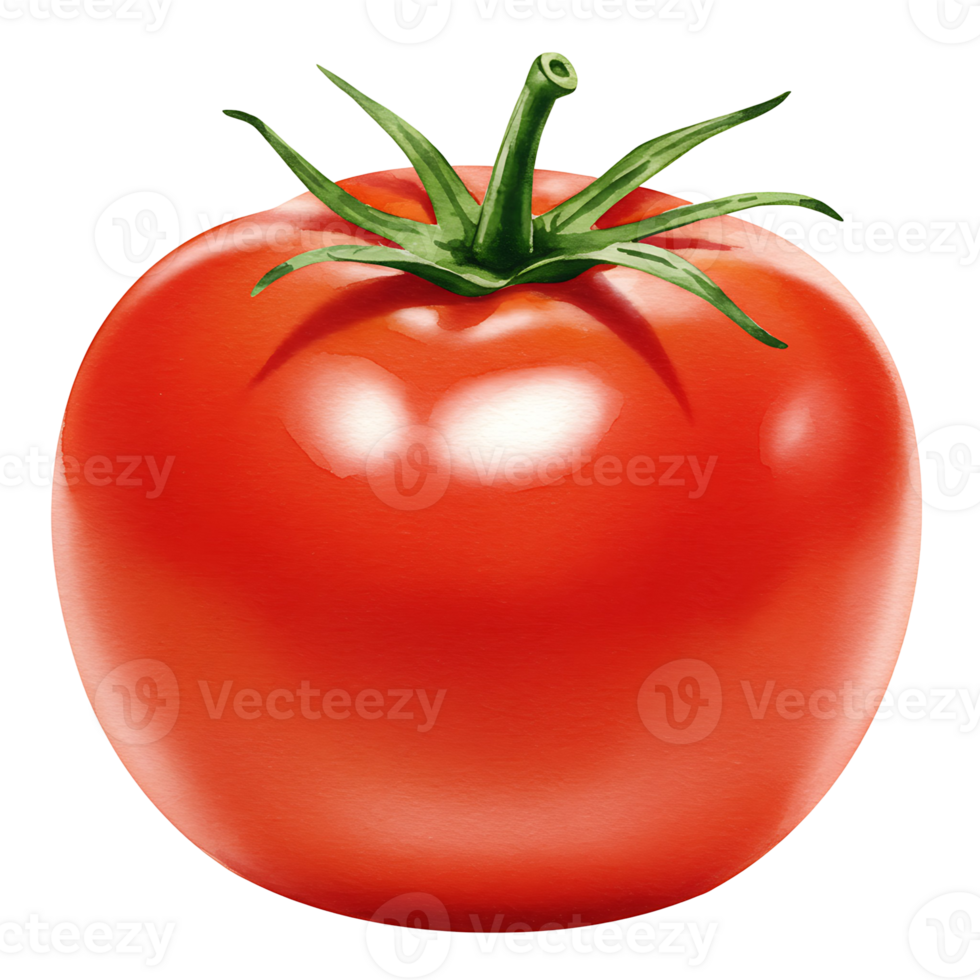 A Watercolor ripe tomato with green stem and leaves in a studio setting against a plain backdrop on transparent background png