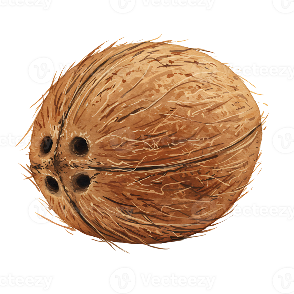 Close up view of a Watercolor brown coconut with three visible holes on a neutral color plane scene on transparent background png