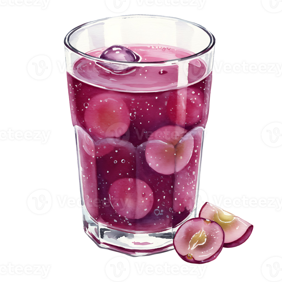A Watercolor filled with a purple beverage and grapes with sliced grapes on the side on a plain backdrop on transparent background png