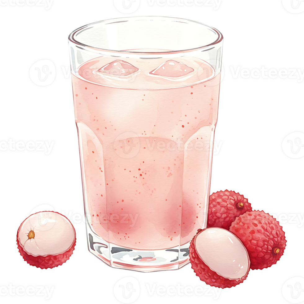 A Watercoloring Watercolor of lychee juice with ice cubes and Watercolor lychees on a plain colored surface area on transparent background png