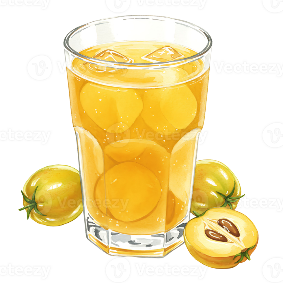 A Watercolor of yellow juice with fruit pieces and ice cubes alongside whole and halved star apples near the Watercolor on transparent background png
