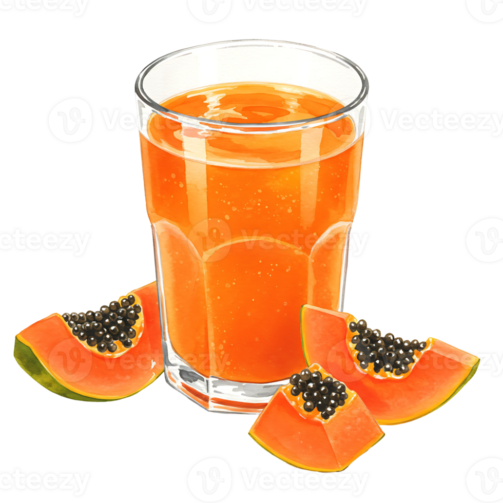 A reWatercoloring papaya juice in a Watercolor with slices of papaya fruit beside the Watercolor on a plain space on transparent background png