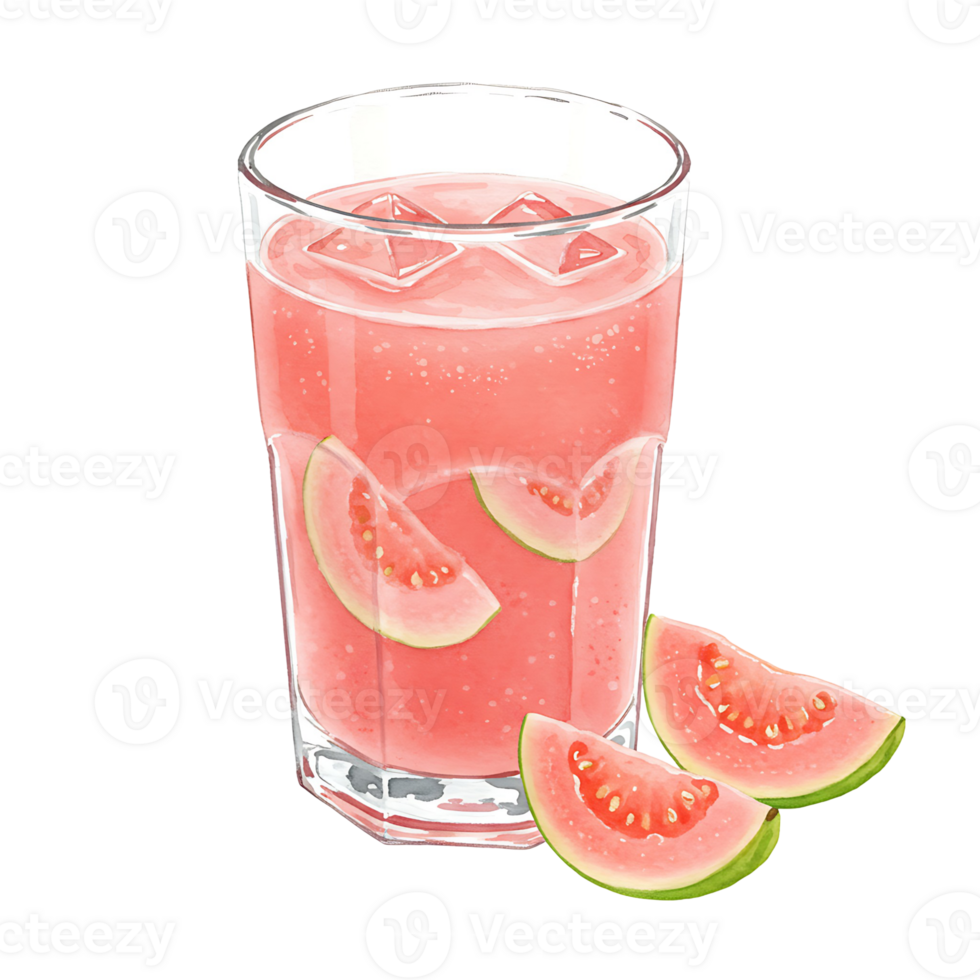 A Watercolor of pink guava juice with ice cubes and guava slices next to the Watercolor on a plain setting on transparent background png