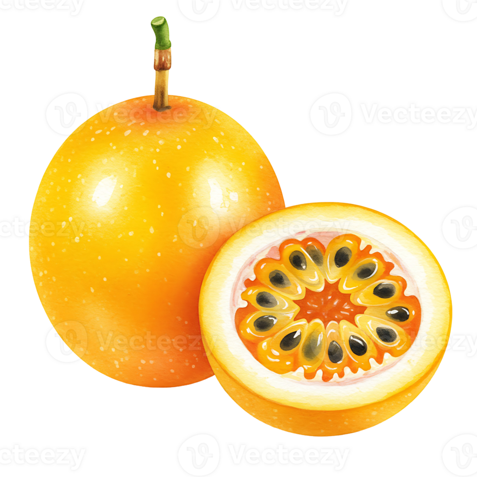 A vibrant granadilla fruit with a cut half showcasing seeds against a clean isolation style view on transparent background png