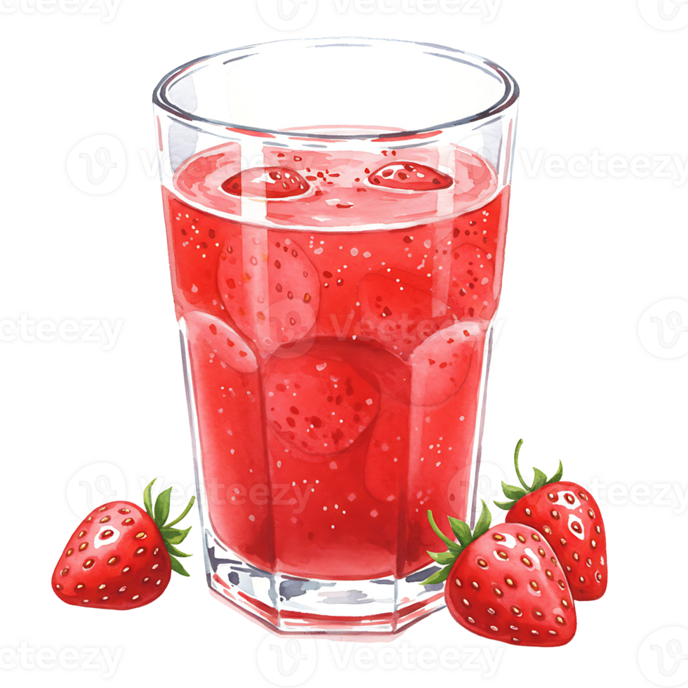 A clear Watercolor filled with a vibrant red strawberry smoothie and three strawberries beside the Watercolor on transparent background png
