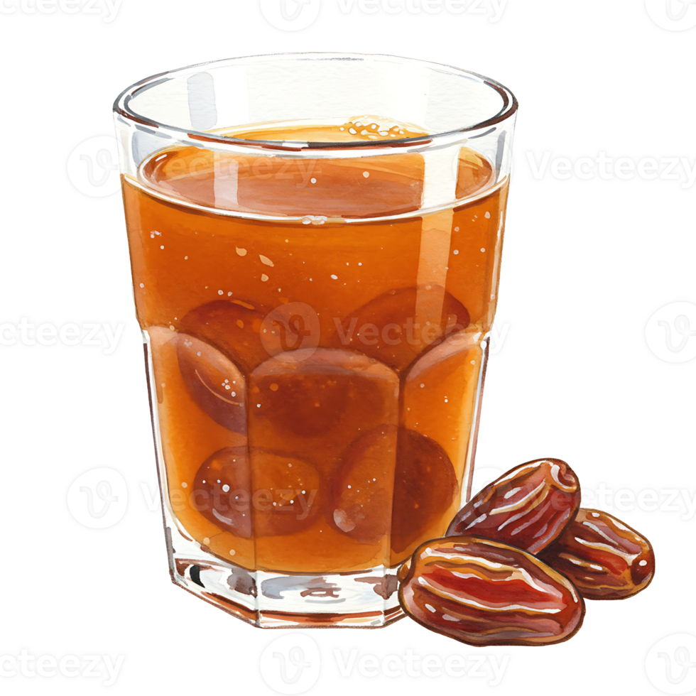 A Watercolor filled with a brown liquid and dates beside it sitting against a plain transparent area here now on transparent background png