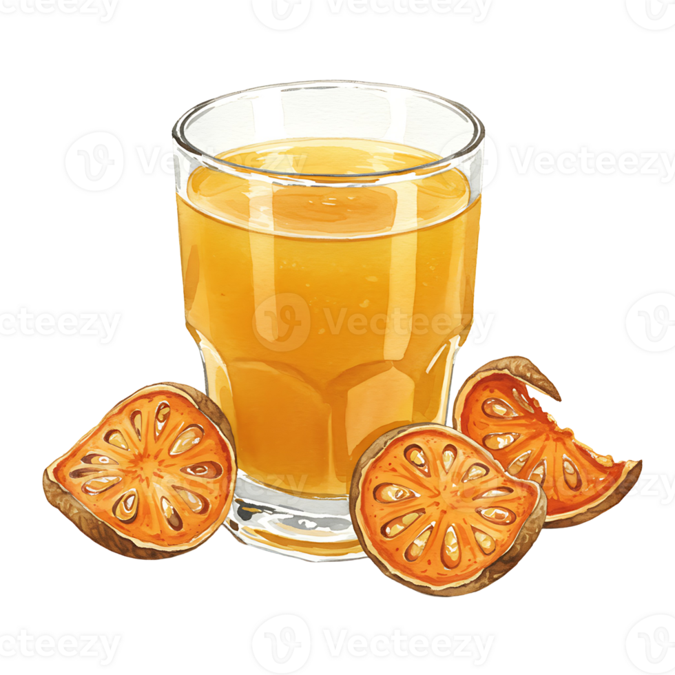 A reWatercoloring Watercolor of bael juice with sliced bael fruit arranged around the Watercolor on a plain surface on transparent background png