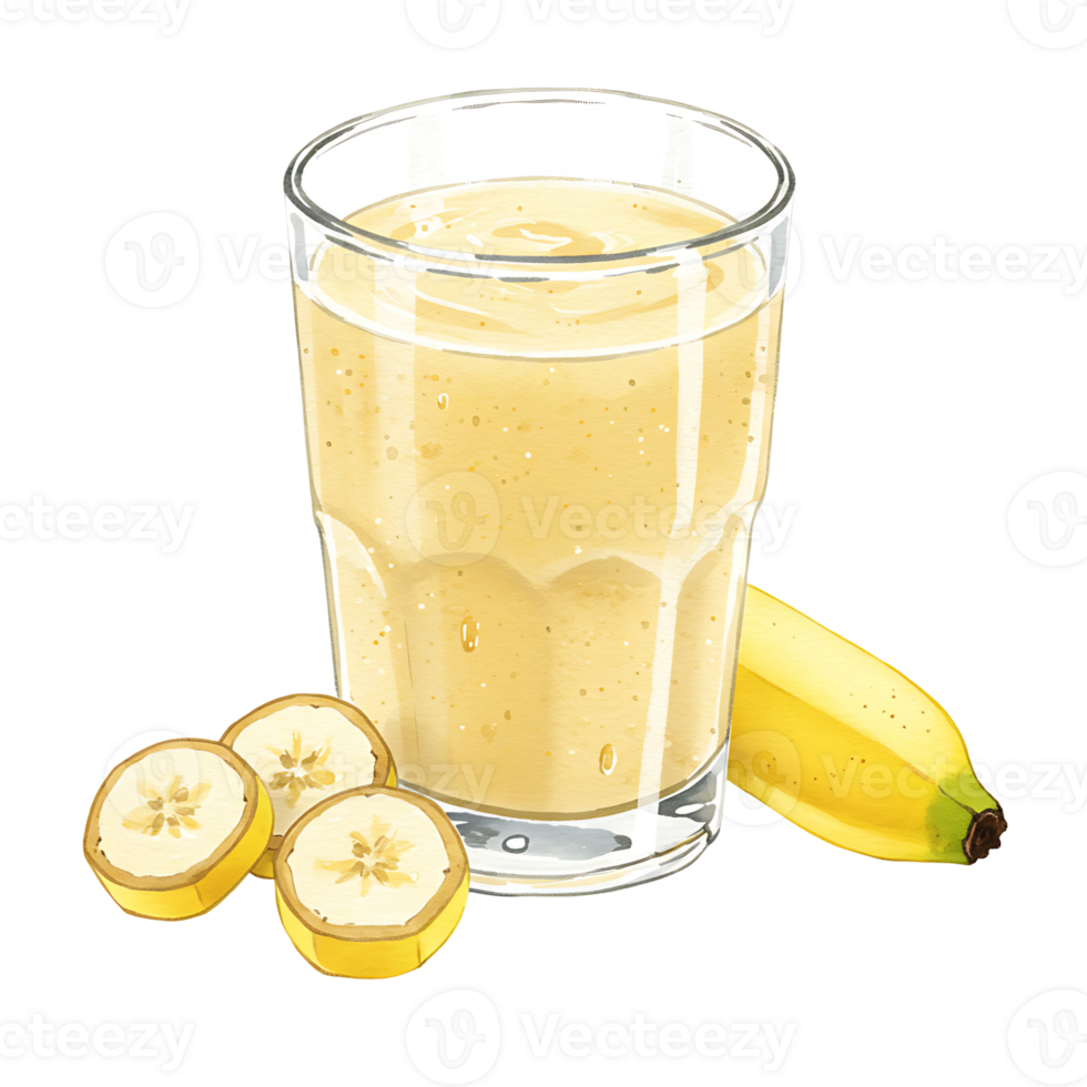 A Watercolor filled with a yellow smoothie next to sliced bananas and a whole banana on a transparent surface on transparent background png