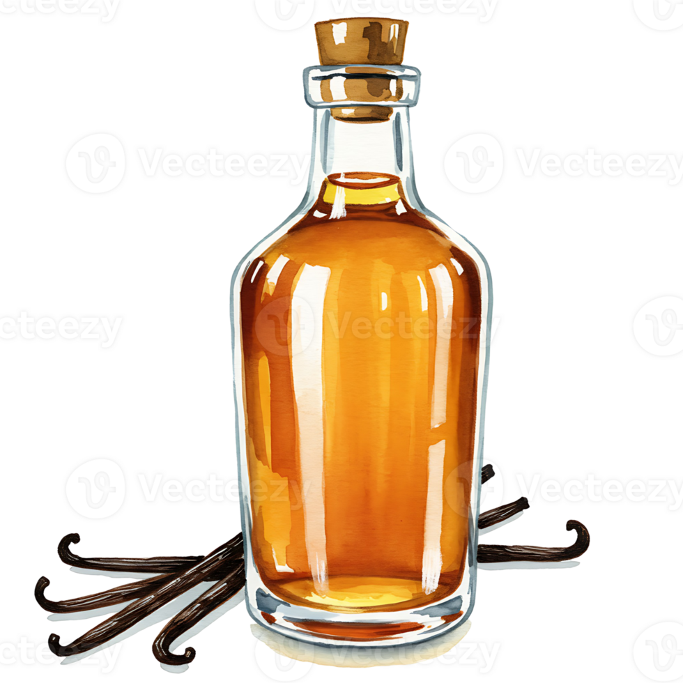 Clear bottle filled with golden liquid and sticks placed at the base of the bottle image view on transparent background png