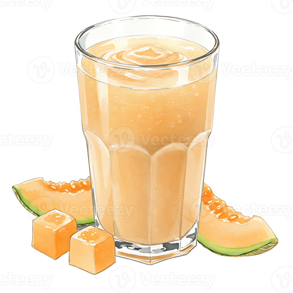 A Watercolor filled with a cantaloupe colored smoothie with melon pieces around the Watercolor on a plain scene on transparent background png