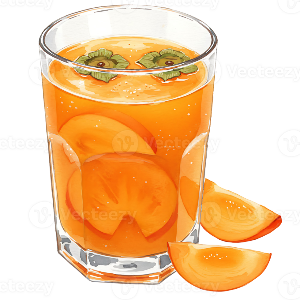 Watercolor filled with orange liquid and fruit slices topped with green leaves on transparent area on transparent background png