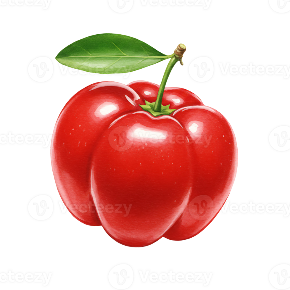 Isolated acerola cherry with green leaf and stem on a plain setting for product visualization on transparent background png