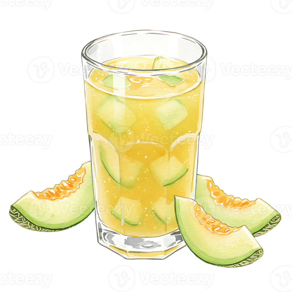 A reWatercoloring melon juice in a Watercolor with melon slices on the side on a plain setting for a summer vibe on transparent background png
