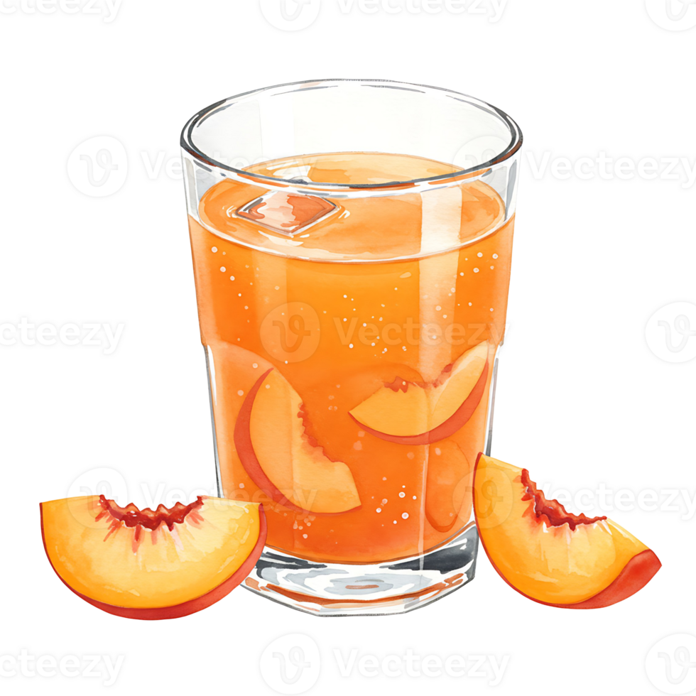 A reWatercoloring peach beverage in a clear Watercolor with ice and peach slices on a plain setting view on transparent background png