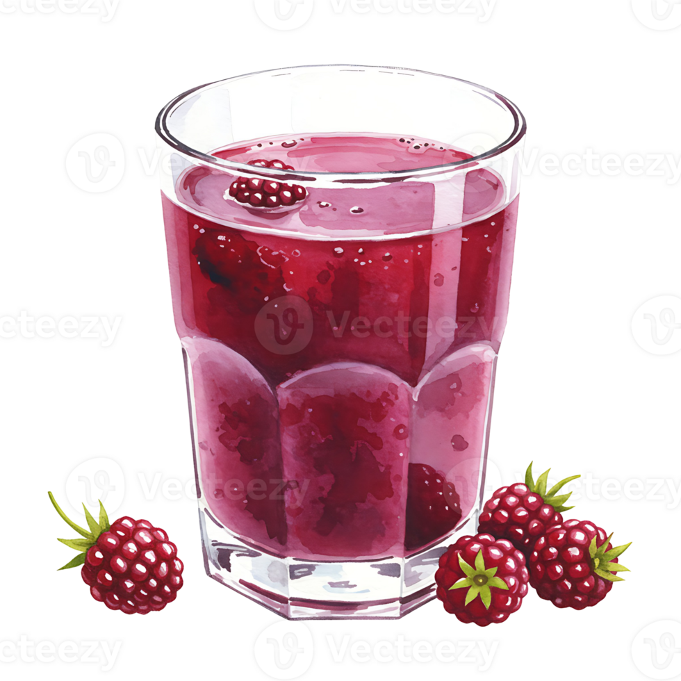A reWatercoloring raspberry beverage in a clear Watercolor with Watercolor raspberries around it on a plain surface on transparent background png