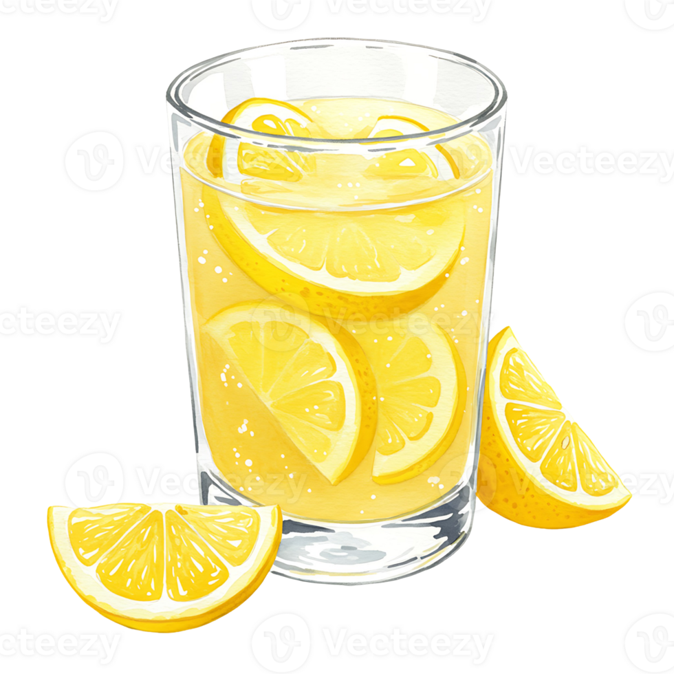 A reWatercoloring beverage in a Watercolor with lemon slices and additional lemon wedges beside the Watercolor drink on transparent background png