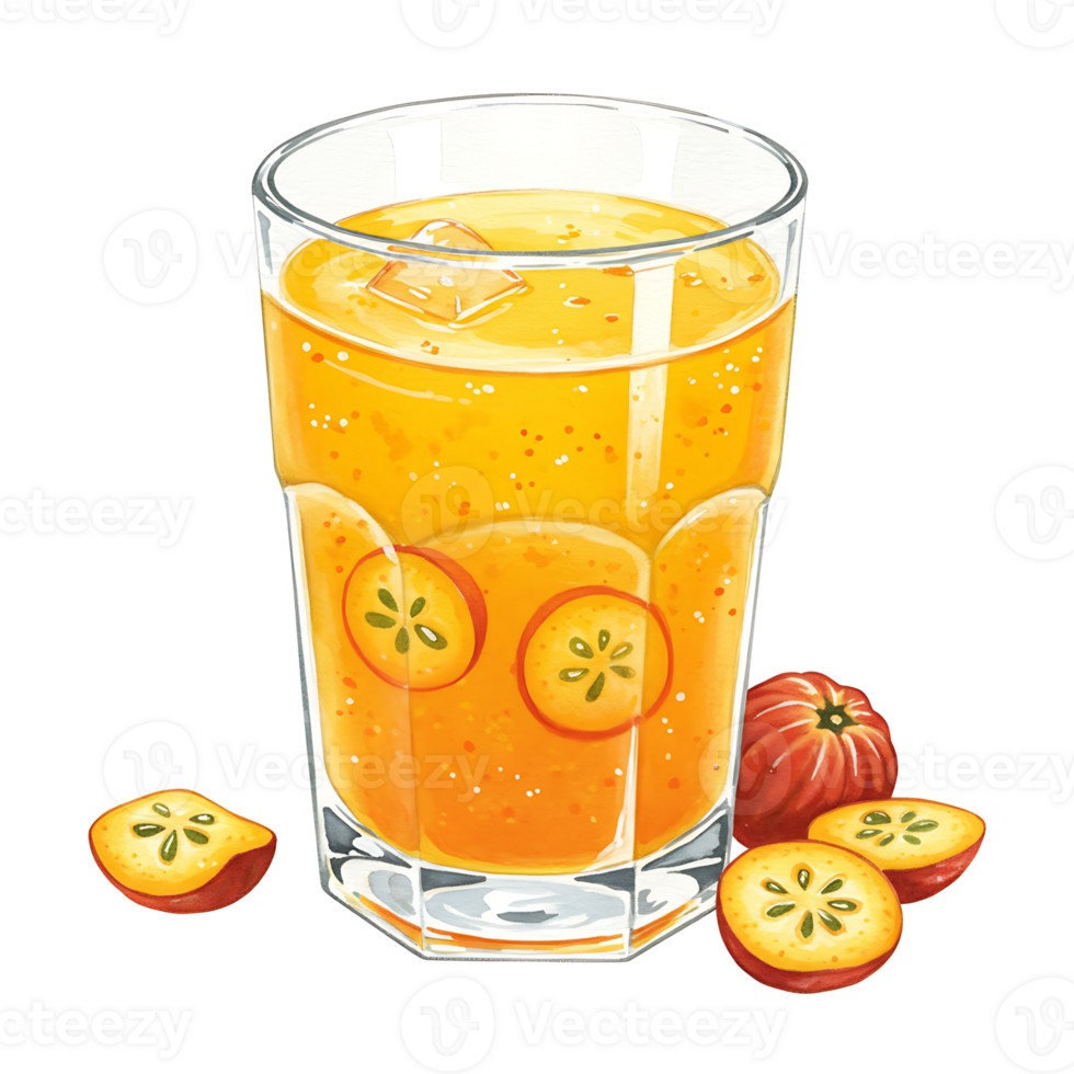 A Watercolor of orange juice with ice and fruit slices around it on a plain colored surface area view on transparent background png