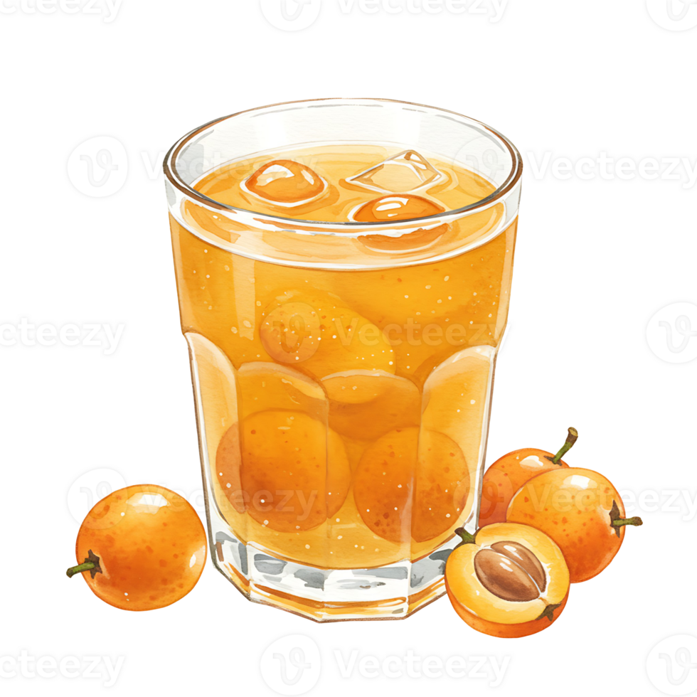 A reWatercoloring beverage in a Watercolor with ice and fruit pieces next to whole and halved loquats on the side on transparent background png