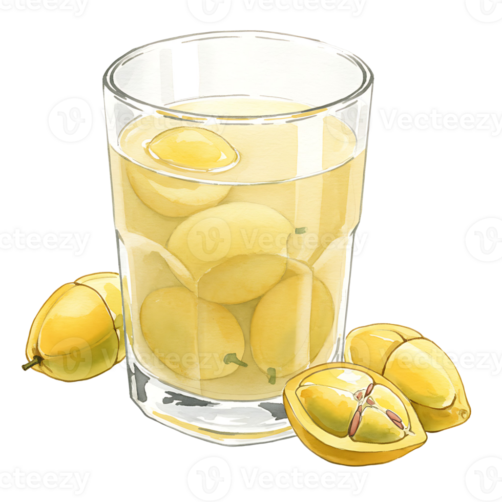 A Watercolor filled with ambarella fruit in juice and some fruits beside it on a transparent surface on transparent background png