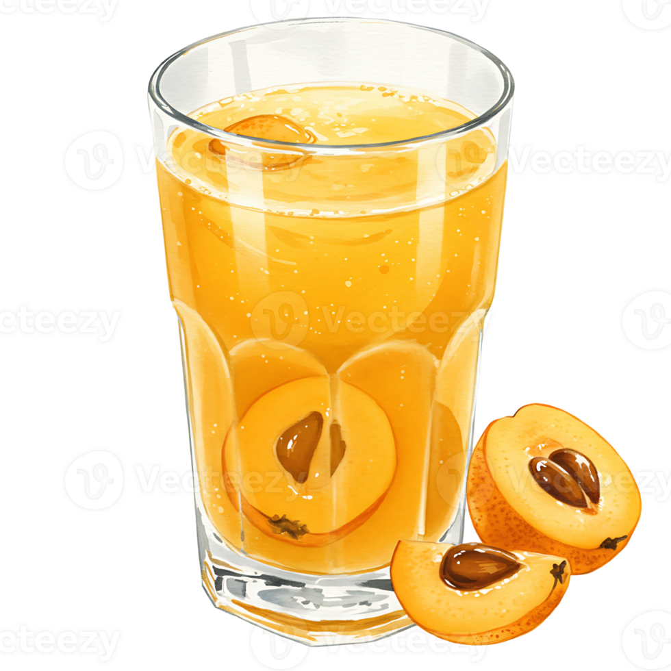 A reWatercoloring Watercolor of loquat juice with sliced fruits inside and beside the Watercolor on a plain surface on transparent background png