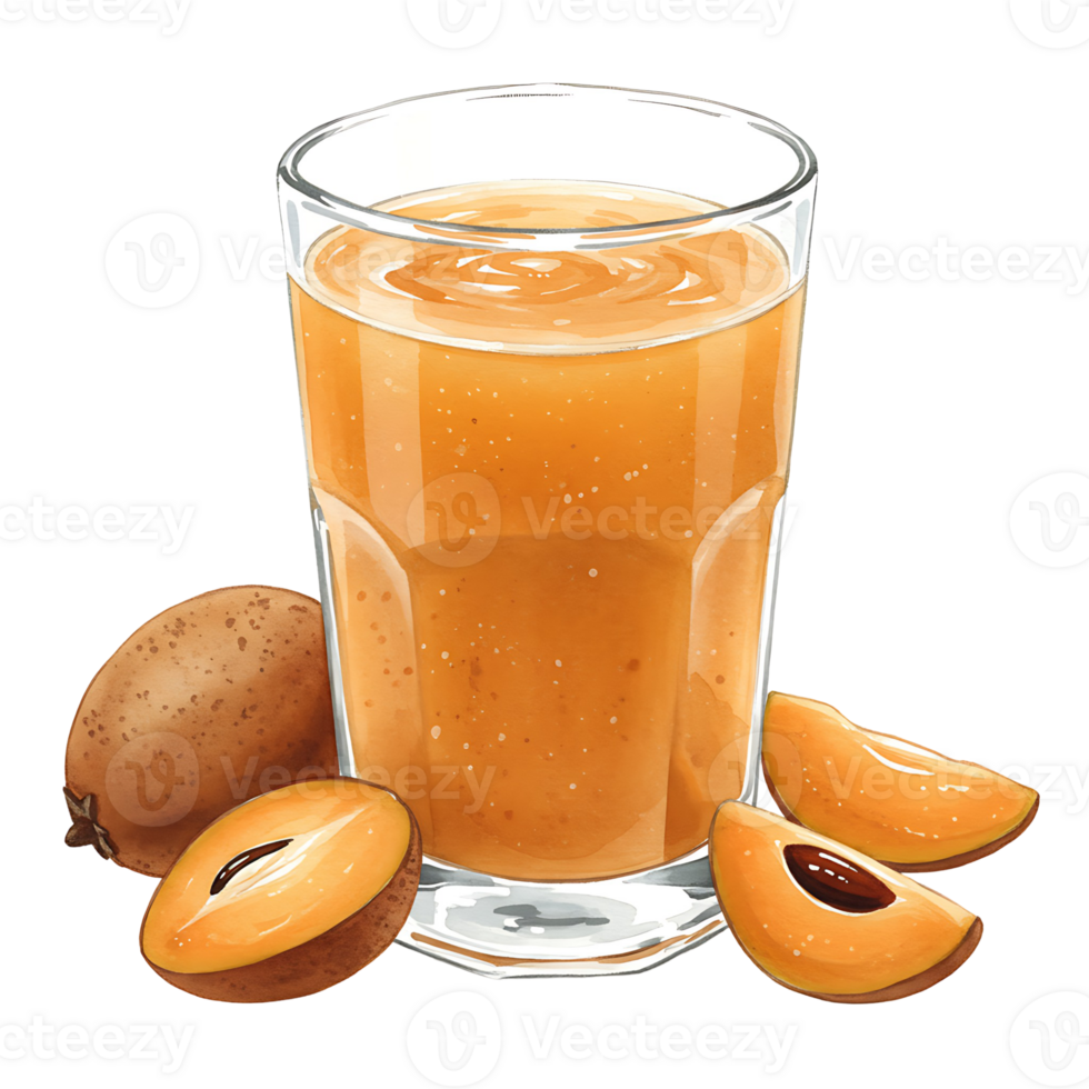 A Watercolor of sapodilla juice with whole and sliced sapodilla fruits on a transparent surface near the Watercolor on transparent background png
