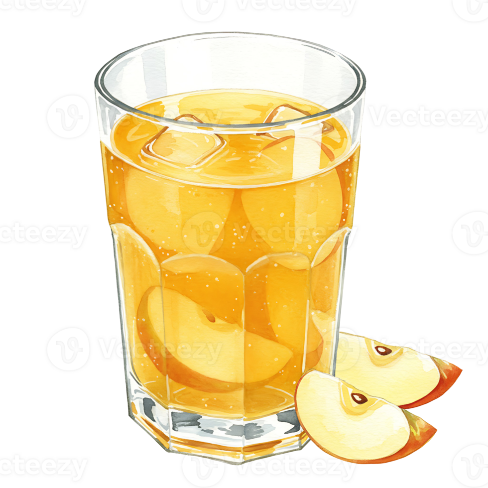 A Watercolor filled with an orange liquid containing ice and apple slices with two apple slices beside it on transparent background png