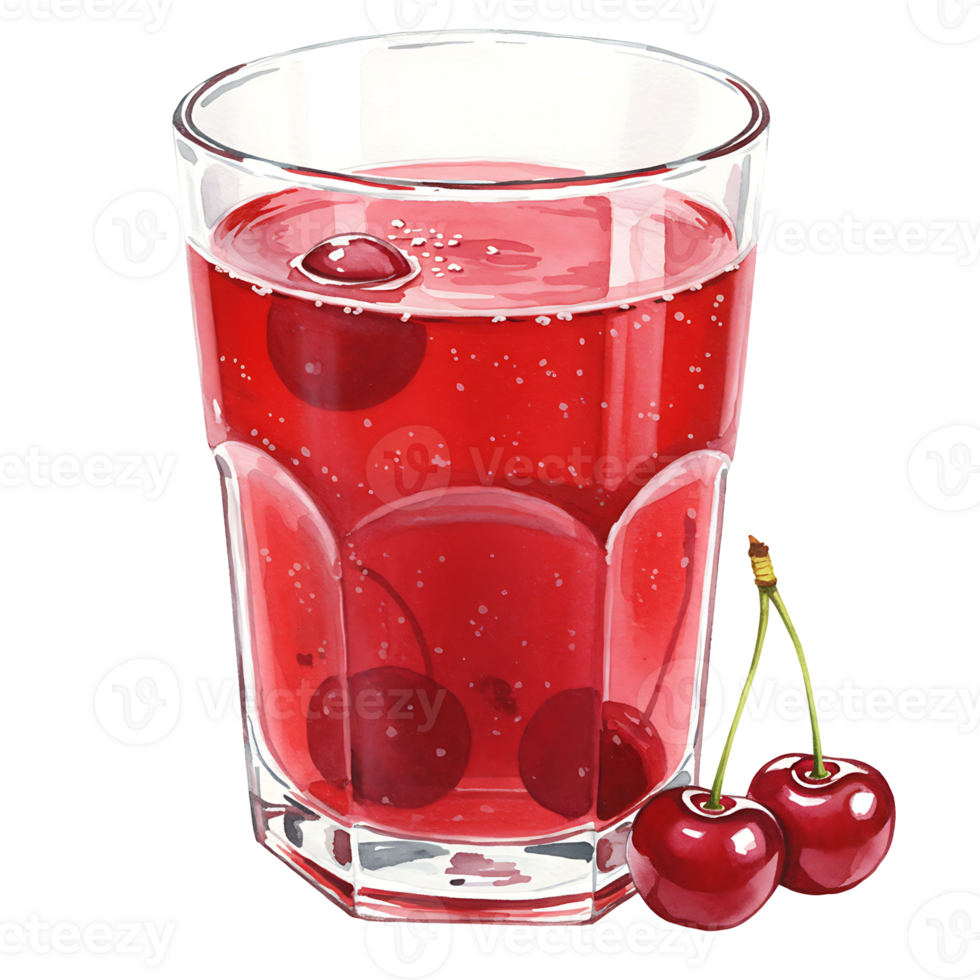 A reWatercoloring beverage in a Watercolor with cherries floating and two cherries on the side with stems attached on transparent background png