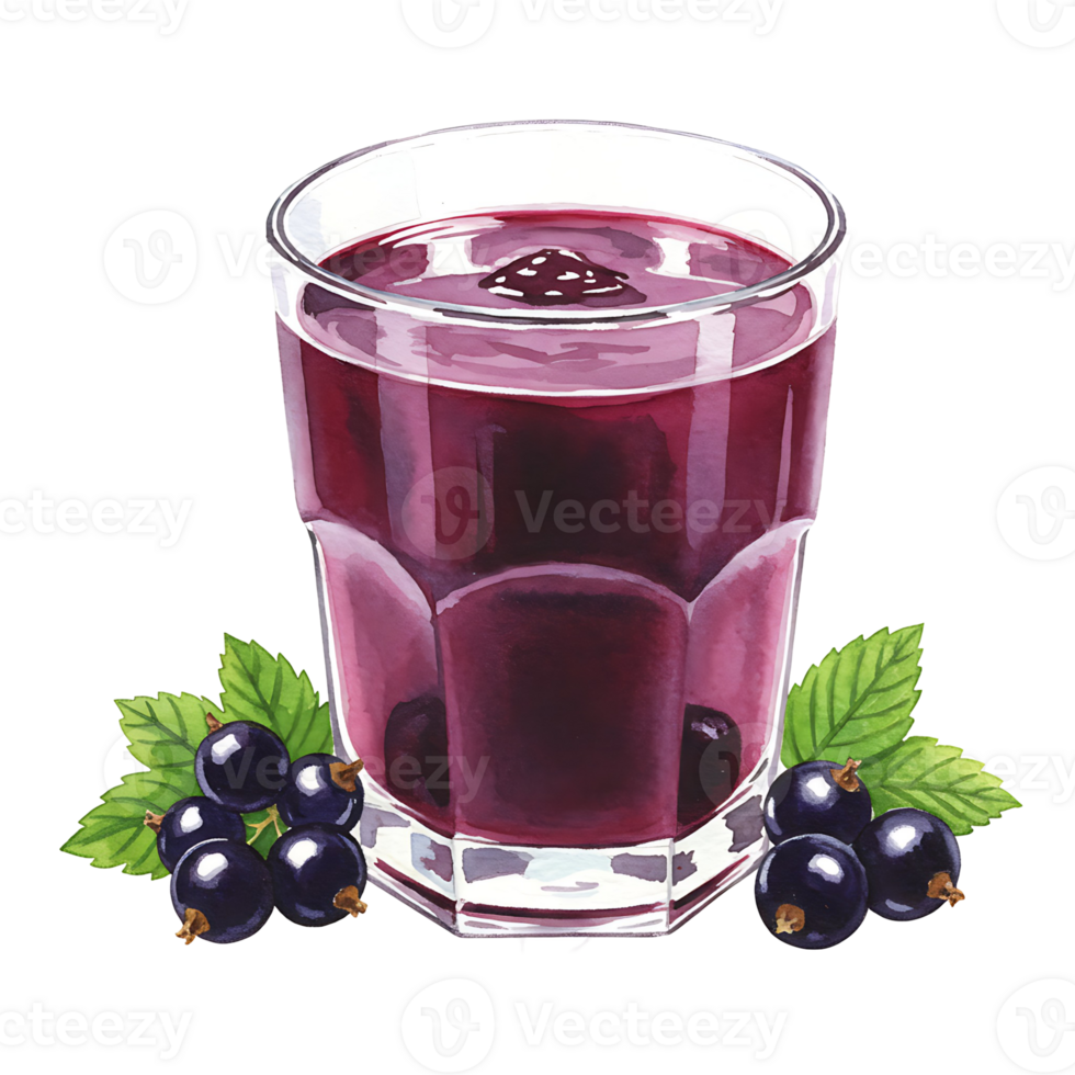 A Watercolor of purple juice with berries and leaves sitting in front of the Watercolor on a plain setting on transparent background png