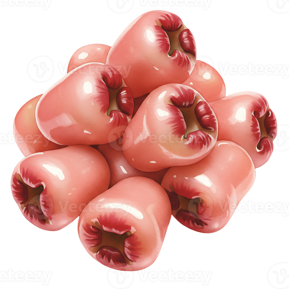 A Watercolor of rose apples piled together showing their unique shape and coloring on a plain setting on transparent background png