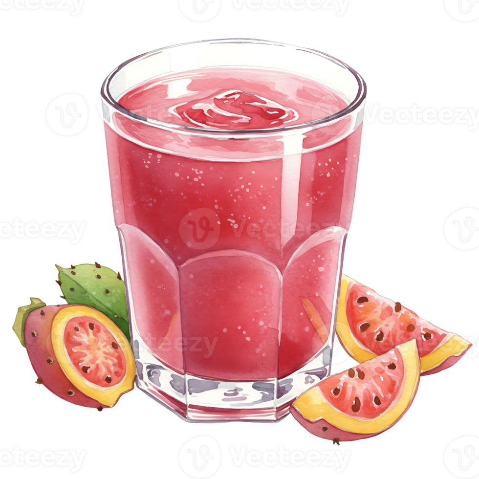 A reWatercoloring Watercolor of cactus fruit juice with slices and a whole fruit on a transparent surface on transparent background png