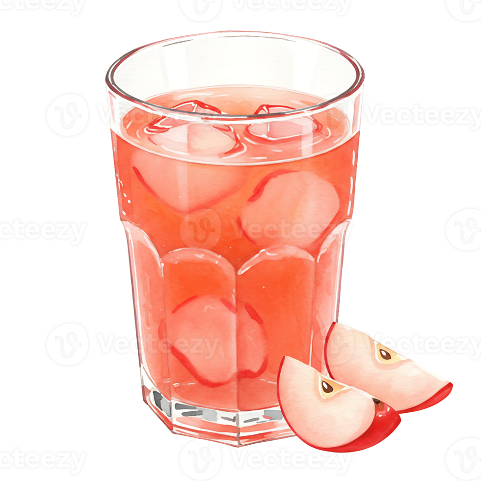 Tall Watercolor of pink liquid with ice cubes and two apple slices on a plain background image view on transparent background png