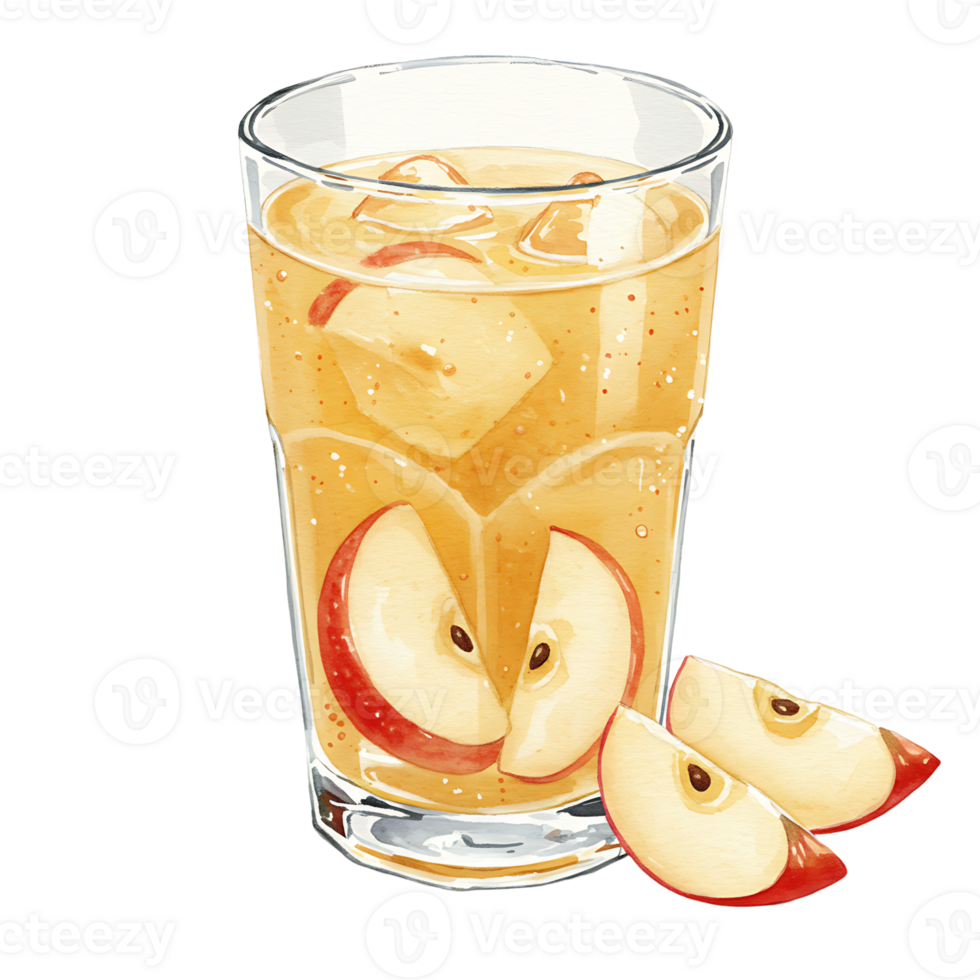 ReWatercoloring beverage in a Watercolor with ice cubes and sliced apples on a plain colored surface view on transparent background png