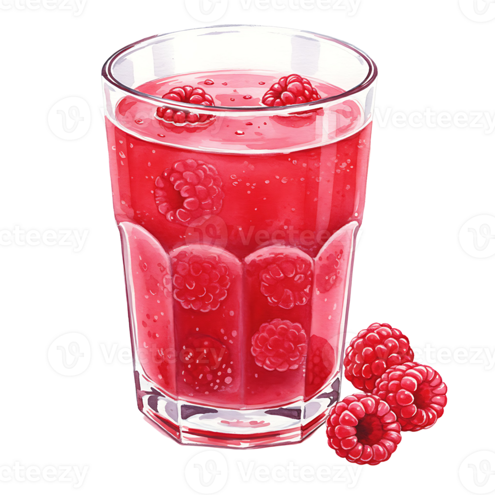 Raspberry beverage in a clear Watercolor with whole raspberries floating and next to the Watercolor on a surface on transparent background png