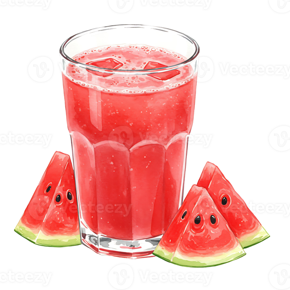 Tall Watercolor of watermelon juice with ice and watermelon slices displayed on a plain surface on transparent background png